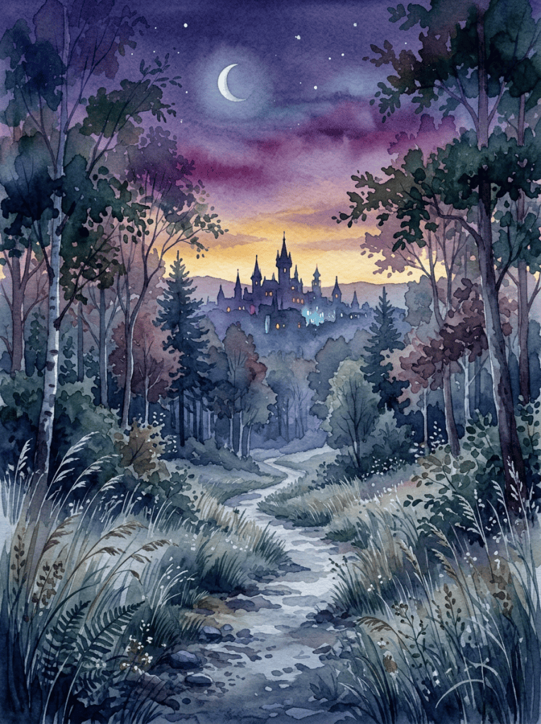 Watercolor forest path leading toward a distant city skyline