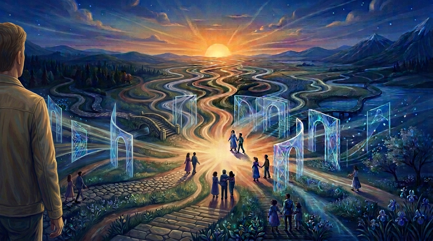 People walking along branching paths toward a sunrise among mountains