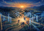 People walking along branching paths toward a sunrise among mountains