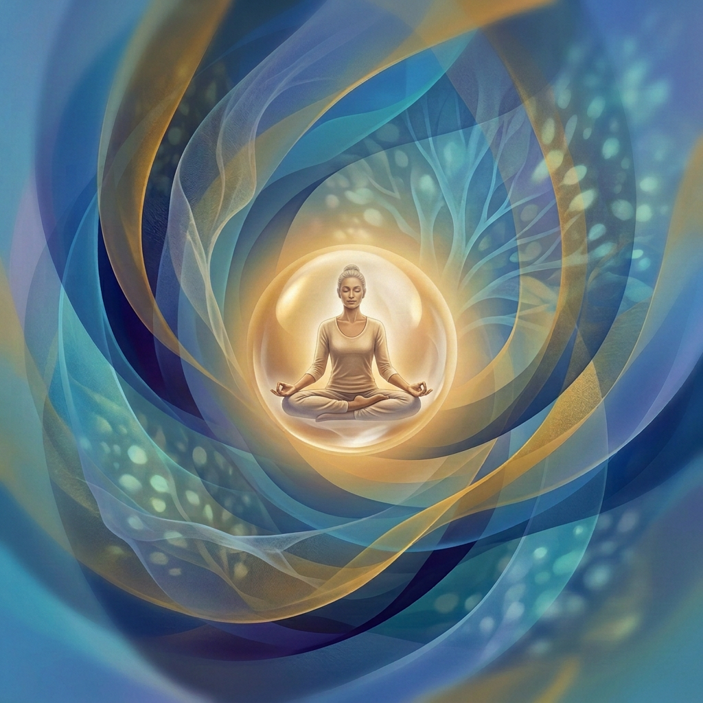 Glowing golden sphere surrounded by flowing blue and teal abstract ribbons
