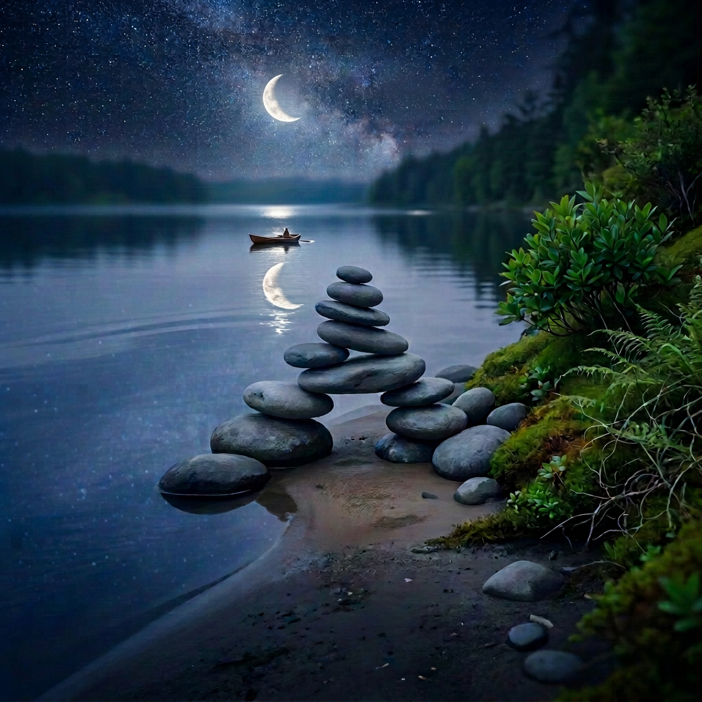 Stacked smooth stones beside a quiet forest lake and mossy shore