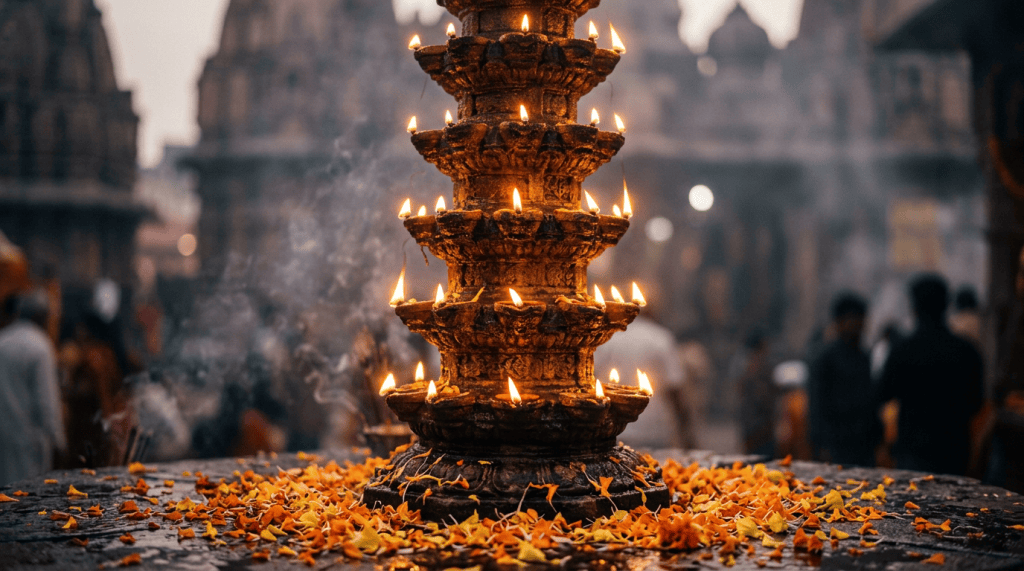 Tiered oil lamp burning among flower petals at a temple