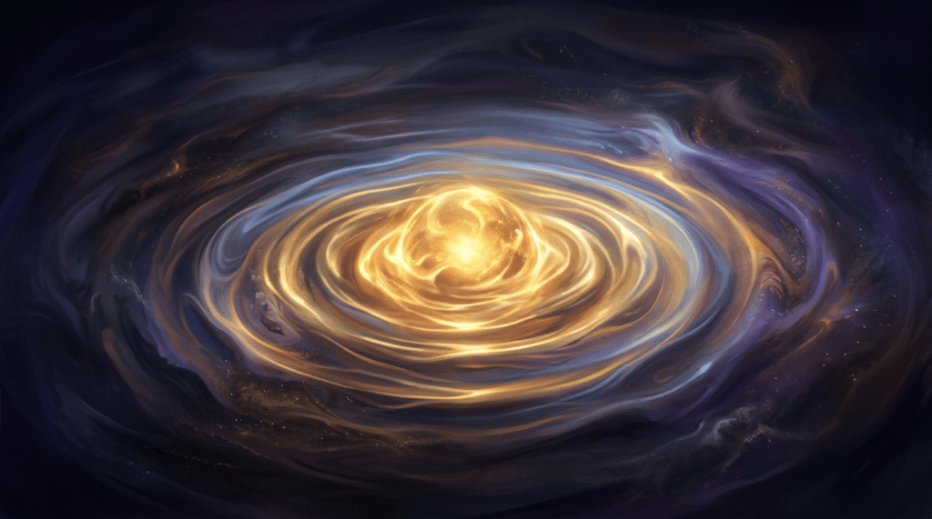 Glowing golden orb surrounded by swirling cosmic rings
