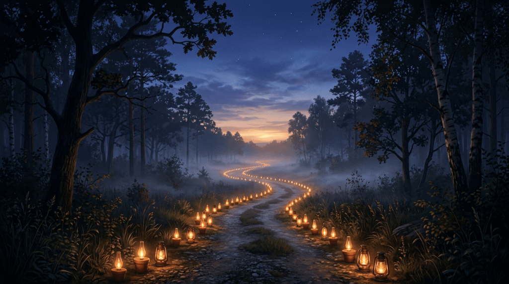 Candlelit path winding through a misty forest at twilight