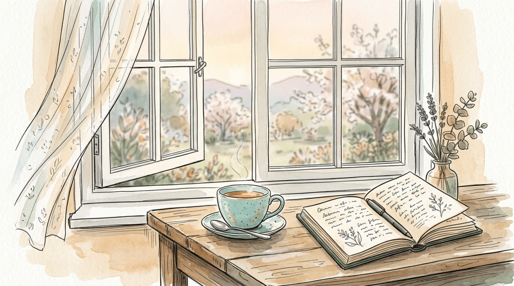 Open journal and coffee cup on a wooden table beside an open window