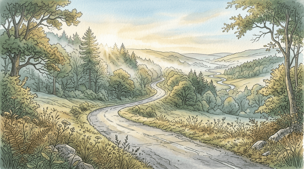Winding road through forested hills and a sunlit valley