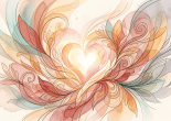 Abstract watercolor flowers and curling leaves surrounding a glowing heart shape