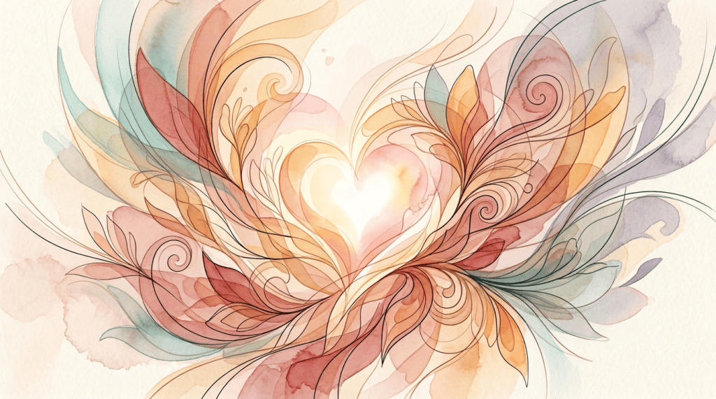 Abstract watercolor flowers and curling leaves surrounding a glowing heart shape