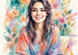 Smiling woman with long dark hair surrounded by colorful watercolor flowers