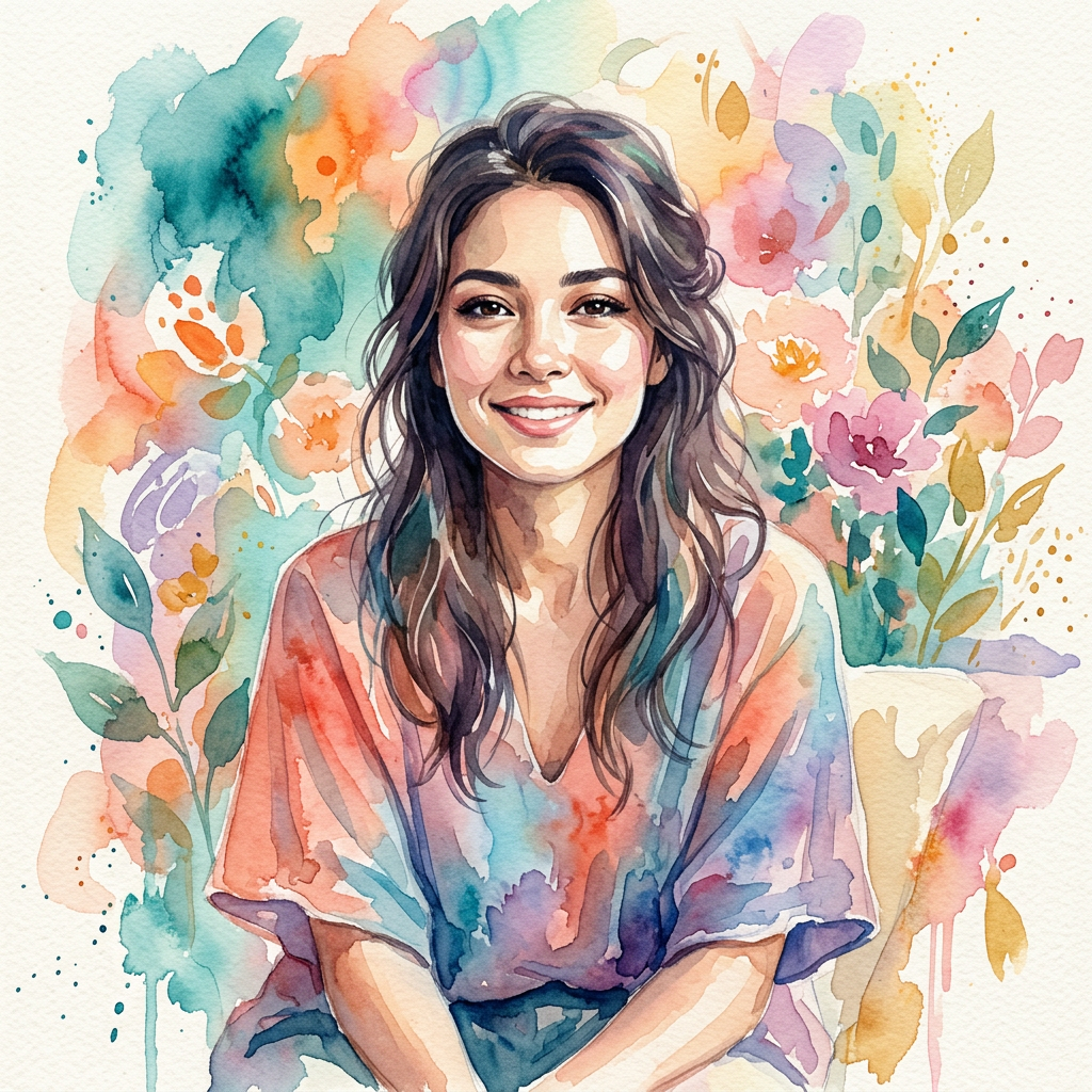 Smiling woman with long dark hair surrounded by colorful watercolor flowers