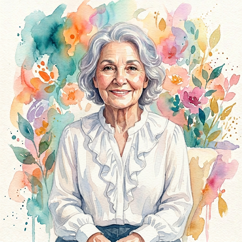 Smiling woman with long dark hair surrounded by colorful watercolor flowers