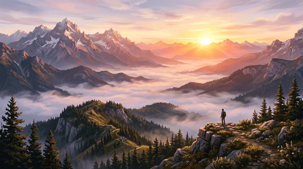 Lone hiker overlooking misty mountain valleys at sunrise