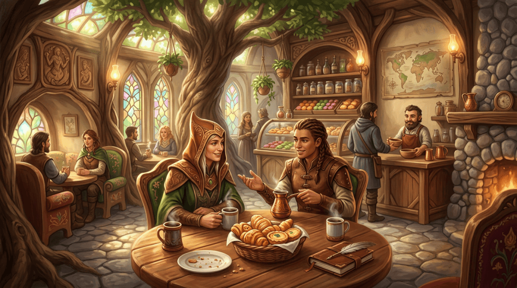 Two people converse over coffee and pastries in a fantasy tavern