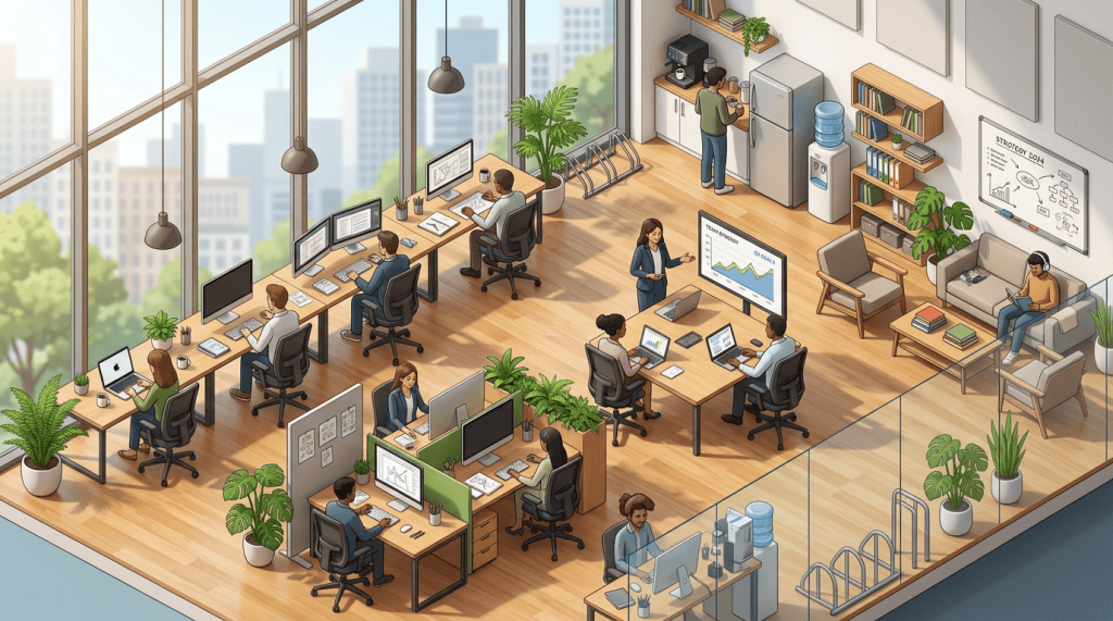 Employees working at desks and meeting around charts in a bright office
