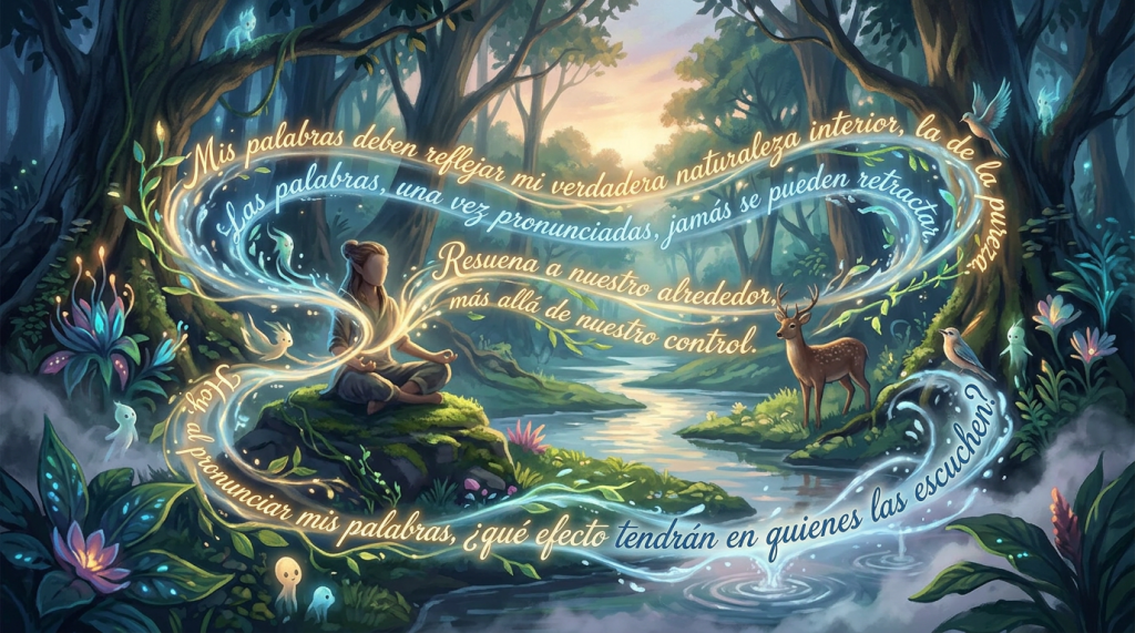 Enchanted forest with Spanish text: “Mis palabras deben reflejar mi verdadera naturaleza interior, la de la paz. Las palabras, una vez pronunciadas, jamás se pueden retractar. Resuena a nuestro alrededor, más allá de nuestro control. Al pronunciar mis palabras, ¿qué efecto tendrán en quienes las escuchan?”